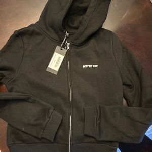 White Fox black zip up hoodie size small